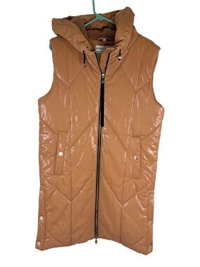 Nikki Jones Brown Quilted Hooded Long Line Puffer Vest Coat Size Medium